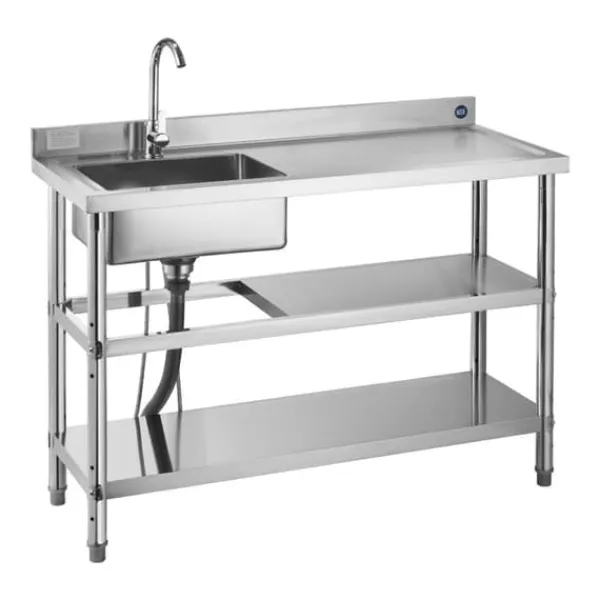 Køkkenvask i rustfrit stål - Fritstående model med enkel kumme - Vandhane med varmt/koldt vand - Dobbelt opbevaringshylde - 120 x 50 x 94 cm New