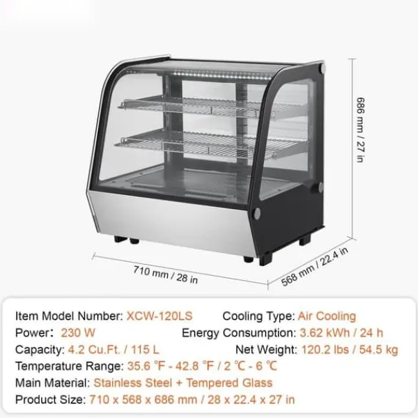 Kølemontre Bageri Display Køleskab 4,2 cu ft/115L, 2-niveau, energibesparende, elegant design til professionelt brug. Online