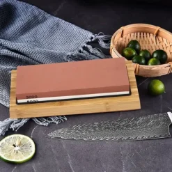 Knivslibesæt - Dobbeltsidet slibesten - 400/1000 & 3000/8000 - Hvid korund - 18×6×3 cm - Bambusbase, vinkelguide, afrettersten, læderstrop Best