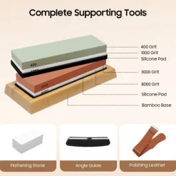 Knivslibestensæt - Whetstone/vandsten - Korn 400/1000 & 3000/8000 - Hvid korund - Bambusbase med skridsikker silikone - Vinkelguide - Multifarvet Outlet