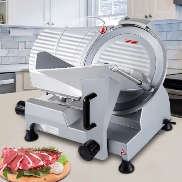 Kommerciel 320 W elektrisk kødskærer med 12" kulstofstålblad. Justerbar tykkelse 0-0,6 tommer til kød, ost, grøntsager og skinke. Clearance