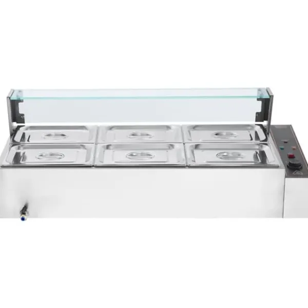 Madopvarmere>Kommerciel elektrisk madvarmer 6*8Qt, bordpladebuffet med glasafdækning, ideel til fest og catering.
