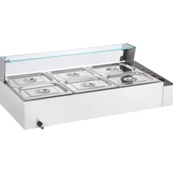 Madopvarmere>Kommerciel elektrisk madvarmer 6*8Qt, bordpladebuffet med glasafdækning, ideel til fest og catering.