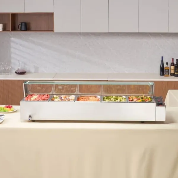 Kommerciel elektrisk madvarmer 5x8Qt, bordpladebuffet, glasafdækning, ideel til catering og fest, hurtig opvarmning. Discount