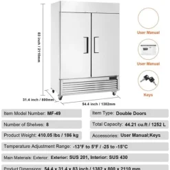 Kommerciel fryser 38,83 Cu.ft, 2-dørs opretstående fryser, automatisk afrimning, rustfrit stål, Reach-in fryser, 6
