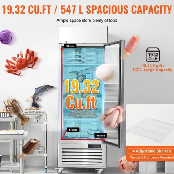 Kommerciel fryser 20,12 Cu.ft, opretstående enkeltdør, automatisk afrimning, rustfrit stål, Reach-in fryser med 3 hylder Outlet