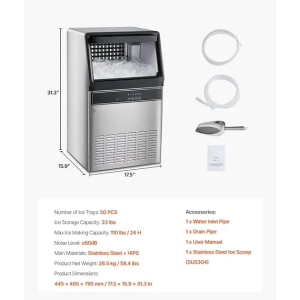 Kommerciel Ismaskine, Fritstående Skabsmaskine, 110lbs/24T, 50 isterninger pr. cyklus Online