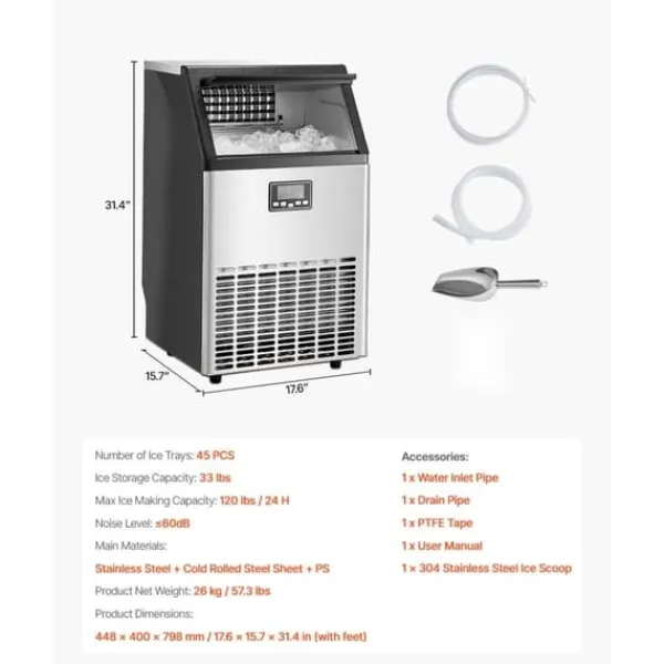 Kommerciel Ismaskine, Fritstående Kabinetmaskine, 120lbs/24H Kapacitet, 45 Isterninger Produktion Discount