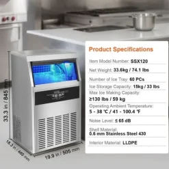 Kommerciel ismaskine med fritstående kabinet, laver 130 lbs isterninger på 24 timer. Perfekt til restaurant og fest! Sale