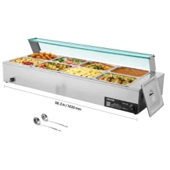 Kommerciel madvarmer - Elektrisk bain marie buffet - 1700 W - Rustfrit stål - 8 beholdere - Glaslåg - Inkl. suppeøse og hulske Discount
