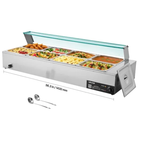 Kommerciel madvarmer - Elektrisk bain marie buffet - 1700 W - Rustfrit stål - 8 beholdere - Glaslåg - Inkl. suppeøse og hulske Discount