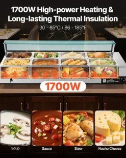 Kommerciel madvarmer - Elektrisk bain marie buffet - 1700 W - Rustfrit stål - 8 beholdere - Glaslåg - Inkl. suppeøse og hulske Discount