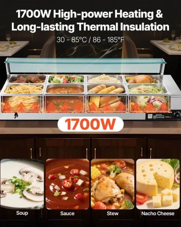 Kommerciel madvarmer - Elektrisk bain marie buffet - 1700 W - Rustfrit stål - 8 beholdere - Glaslåg - Inkl. suppeøse og hulske Discount