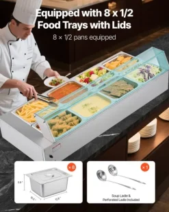 Kommerciel madvarmer - Elektrisk bain marie buffet - 1700 W - Rustfrit stål - 8 beholdere - Glaslåg - Inkl. suppeøse og hulske Discount