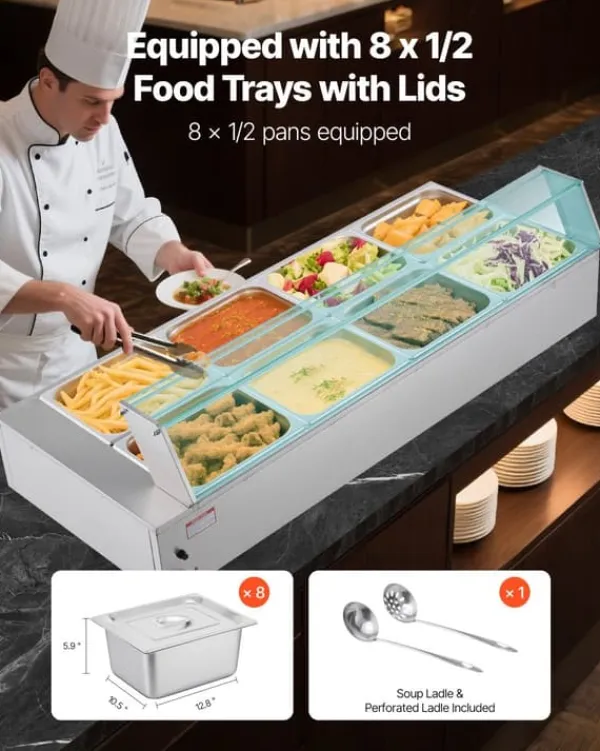 Kommerciel madvarmer - Elektrisk bain marie buffet - 1700 W - Rustfrit stål - 8 beholdere - Glaslåg - Inkl. suppeøse og hulske Discount