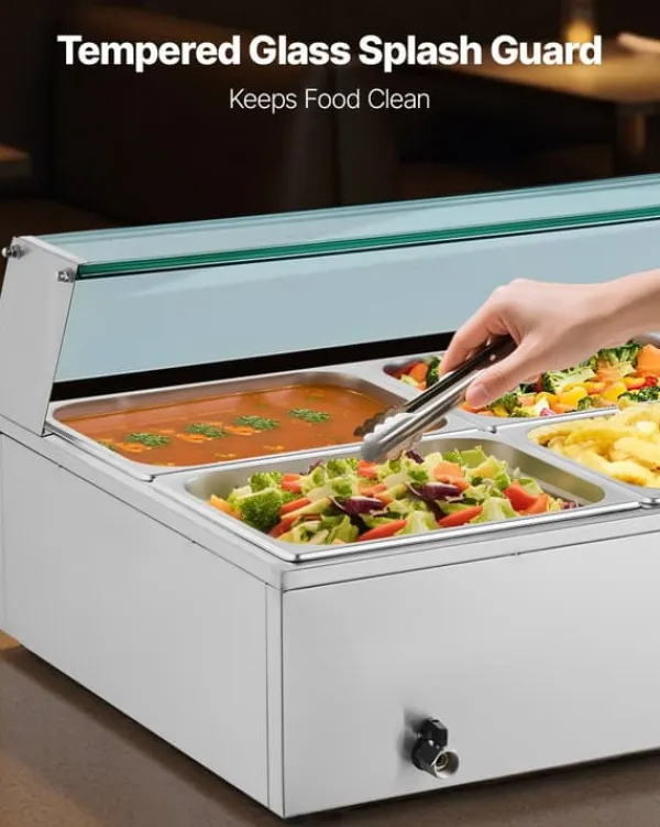 Kommerciel madvarmer - Elektrisk bain marie buffet - 1700 W - Rustfrit stål - 8 beholdere - Glaslåg - Inkl. suppeøse og hulske Discount