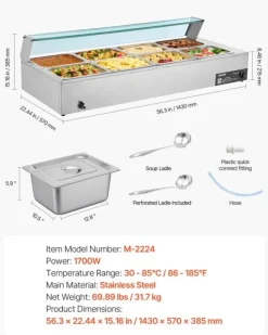 Kommerciel madvarmer - Elektrisk bain marie buffet - 1700 W - Rustfrit stål - 8 beholdere - Glaslåg - Inkl. suppeøse og hulske Discount