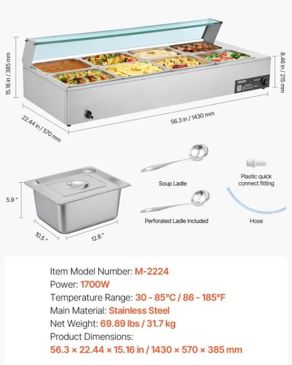Kommerciel madvarmer - Elektrisk bain marie buffet - 1700 W - Rustfrit stål - 8 beholdere - Glaslåg - Inkl. suppeøse og hulske Discount