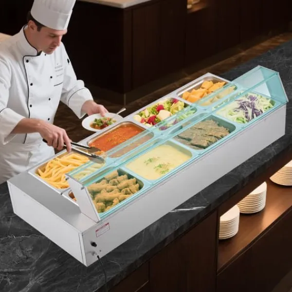 Kommerciel madvarmer - Elektrisk bain marie buffet - 1700 W - Rustfrit stål - 8 beholdere - Glaslåg - Inkl. suppeøse og hulske Discount