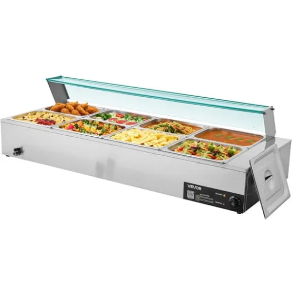 Kommerciel madvarmer - Elektrisk bain marie buffet - 1700 W - Rustfrit stål - 8 beholdere - Glaslåg - Inkl. suppeøse og hulske Discount