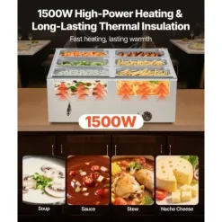 Kommerciel Madvarmer, 1500W Elektrisk Dampvarmer, Rustfrit Stål, 6-Pande, Bordbuffet Bain Marie Hot