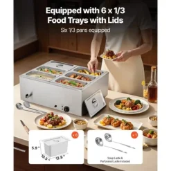 Kommerciel Madvarmer, 1500W Elektrisk Dampvarmer, Rustfrit Stål, 6-Pande, Bordbuffet Bain Marie Hot