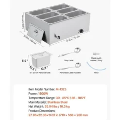 Kommerciel Madvarmer, 1500W Elektrisk Dampvarmer, Rustfrit Stål, 6-Pande, Bordbuffet Bain Marie Hot