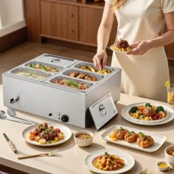 Kommerciel Madvarmer, 1500W Elektrisk Dampvarmer, Rustfrit Stål, 6-Pande, Bordbuffet Bain Marie Hot