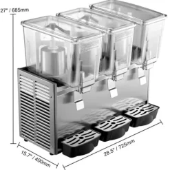Kommerciel rustfri stål dispenser til kolde drikke med 3 tanke og termostat. Ideel til frugtjuice og iste – 9,6 gallon kapacitet.