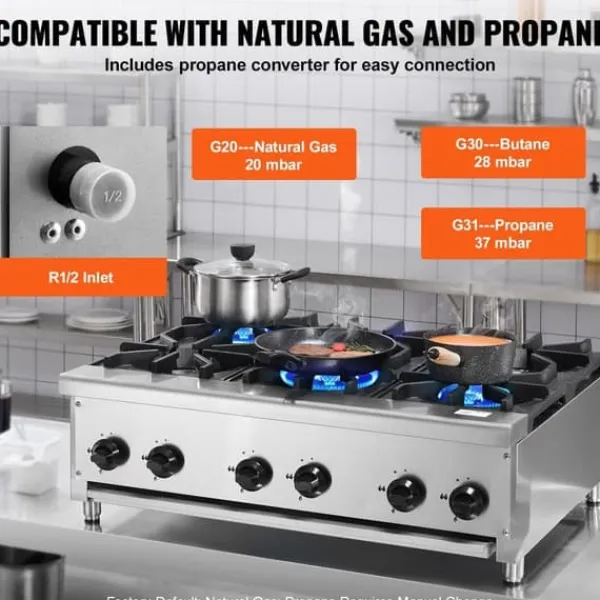Komfurer>Kommercielt gaskomfur 6 brændere, bordplade madlavning, høj varme, køkkenudstyr, hurtig opvarmning, energibesparende.