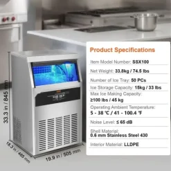 Kommersiell ismaskine med fritstående kabinet, producerer 100 lbs isterninger på 24 timer - 50 stk. delikat og effektiv. Hot