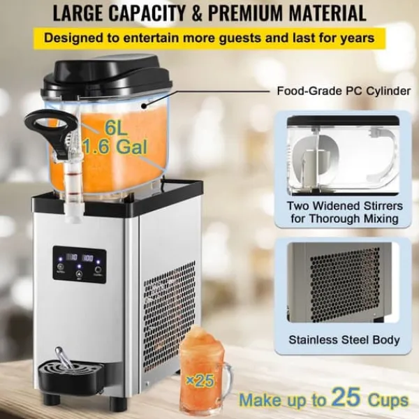 Kommersiell Slushy Maskine, 6L/1,6 Gallon, 25 kopper. Rustfrit stål Margarita Smoothie Maker til caféer, restauranter og hjemmebrug. Clearance