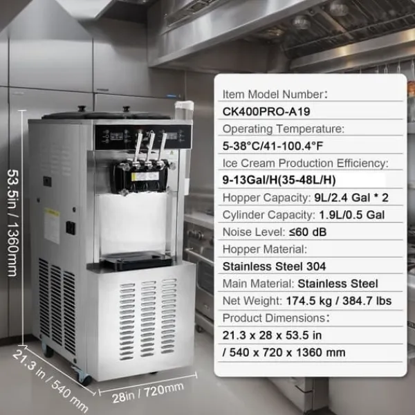 Kommersiell soft serve ismaskine 34-44 L/H kapacitet, 3 smagsvarianter, LED panel. Clearance