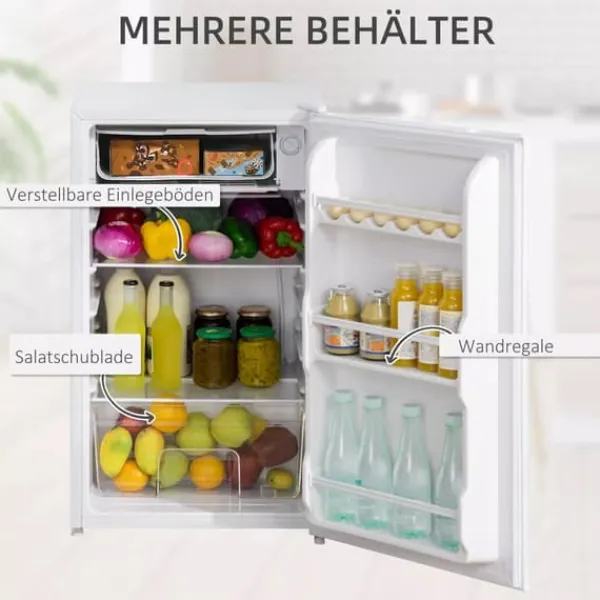 Kompakt Minikøleskab - 91L Kapacitet, Fryserum, Justerbare Hylder, Hvid, Stål/Plastik Clearance