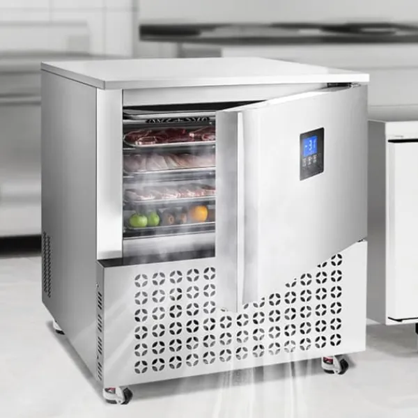 Frysere>114L kommerciel blæstfryser med 5 bakker, quick freeze til skaldyr og gelato, høj kapacitet, effektiv køleteknologi.