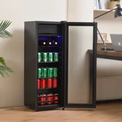 Køleskabe>128L Minikøleskab, 8L fryser + 120L køleskab, til 94 dåser, støjsvag drift, kompressor, LED-lys, justerbare hylder