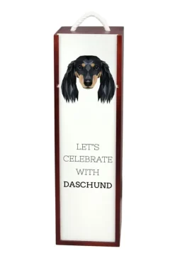 Vinflaskeholdere>Langhåret gravhund - en geometrisk kasse med et foto og en inskription til Art-Dog vin
