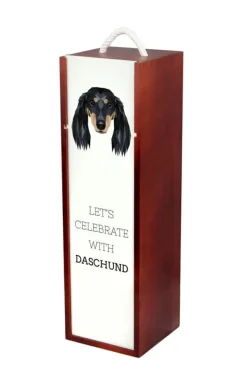 Vinflaskeholdere>Langhåret gravhund - en geometrisk kasse med et foto og en inskription til Art-Dog vin