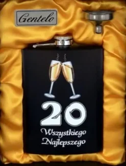 Flaskepropper>Læneflaske med tragt til 20-års fødselsdag i elegant æske
