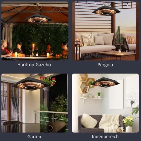 Terrassevarmere>Loftvarmer 800/1200/2000 W, 5 tilstande, IP45, elektrisk med fjernbetjening, aluminium/glas, sort, 45×45×10 cm