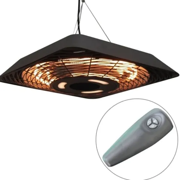 Terrassevarmere>Loftvarmer 800/1200/2000 W, 5 tilstande, IP45, elektrisk med fjernbetjening, aluminium/glas, sort, 45×45×10 cm