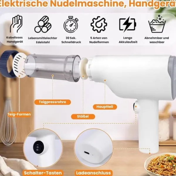 Pastamaskiner>Lollanda Lollanda 6-i-1 automatisk pastamaskine, elektrisk pastamaskine, håndholdt automatisk pastamaskine, ergonomisk design, nem at rengøre