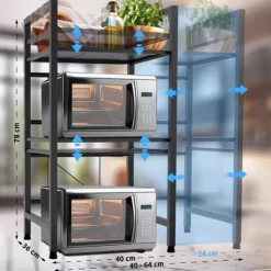 Marana 3-Tier Adjustable Metal Microwave Rack with Hooks, Black New