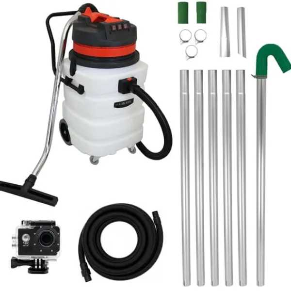 MaxBlast Tagrenderengøringskit 90L (5 m slange) | Vådt- og Tørtstøvsuger 3000W | 6 teleskoprør 1,2–7,2 m | Udskiftelige mundstykker | 4K-kamera med Outlet