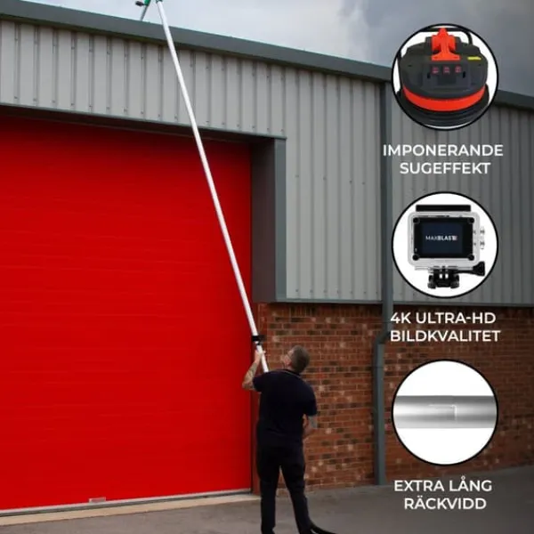 MaxBlast Tagrenderengøringskit 90L (5 m slange) | Vådt- og Tørtstøvsuger 3000W | 6 teleskoprør 1,2–7,2 m | Udskiftelige mundstykker | 4K-kamera med Outlet