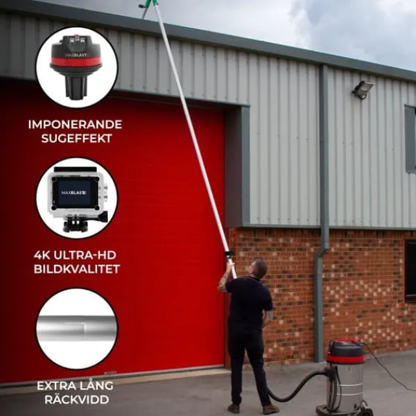 MaxBlast Tagrenderengøringskit 80L (5 m slange) | Vådt- og Tørtstøvsuger 3000W | 6 teleskoprør 1,2–7,2 m | Udskiftelige mundstykker | 4K-kamera med Best