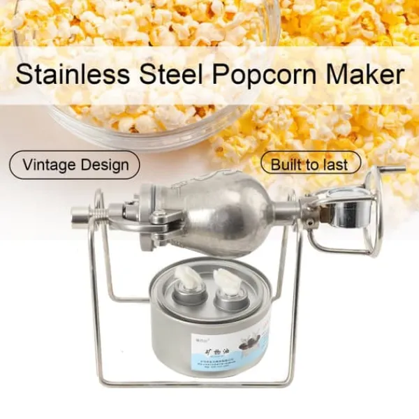 Popcornmaskiner>Mini Popcorn Maskine, Rustfrit Stål 304, Håndsvinget Betjening, Åben Flamme Opvarmning
