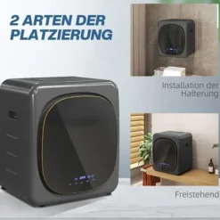 Mini Tørrer 2,5 kg med 6 Programmer, LED Touch Screen, 800W, Fritstående eller Vægmonteret, Overophedningsbeskyttelse, Grå Sale