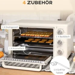 Miniovn 21 L med rotisserie, 3 funktioner, 100–230 °C, rist & bageplade, rustfri/glas, cremehvid Hot
