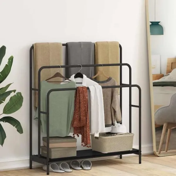 Tøj- & Garderobeopbevaring>Moderne tøjstativ med hylde - Stålramme & konstrueret træ | Farve: Sort | Størrelse: 90x30x100,5 cm